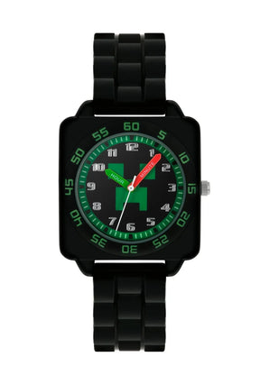 Minecraft Black Time Teacher Watch close view with black square case, green minute markings, numbered analogue dial and red and green hands