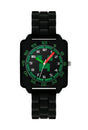 Minecraft Black Time Teacher Watch close view with black square case, green minute markings, numbered analogue dial and red and green hands