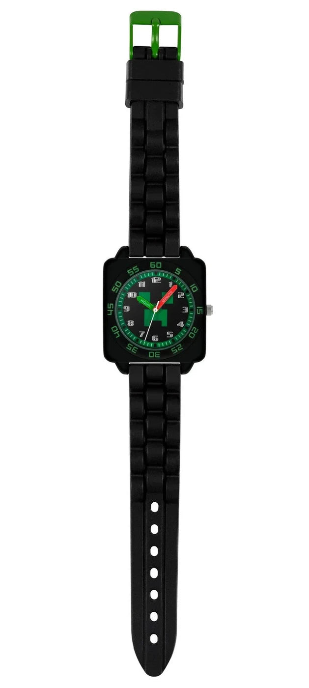 Minecraft Black Time Teacher Watch full length view with black strap, buckle fastening and green detailed analogue dial