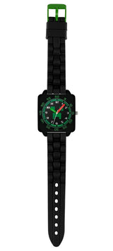 Minecraft Black Time Teacher Watch full length view with black strap, buckle fastening and green detailed analogue dial