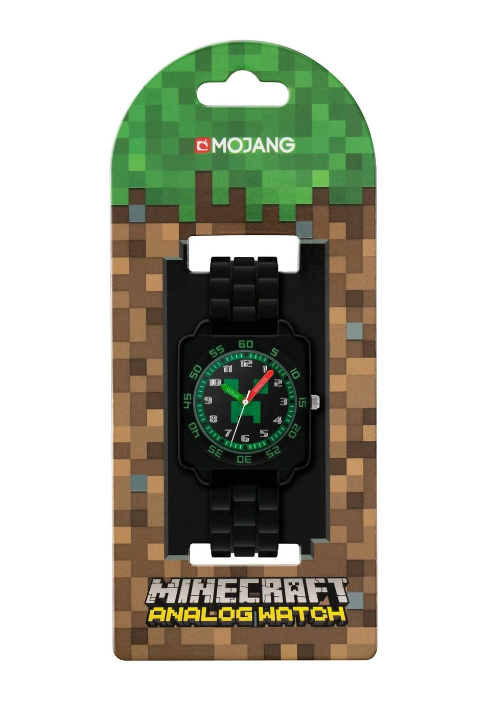 Minecraft Black Time Teacher Watch on pixel style Minecraft retail packaging with the full watch visible on the front