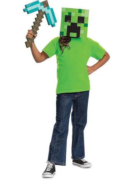 Child wearing Creeper mask and holding Minecraft pickaxe – Ireland