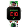 Minecraft Creeper TNT LED Watch close view with red digital time display, silver square case, Creeper icon and printed TNT strap