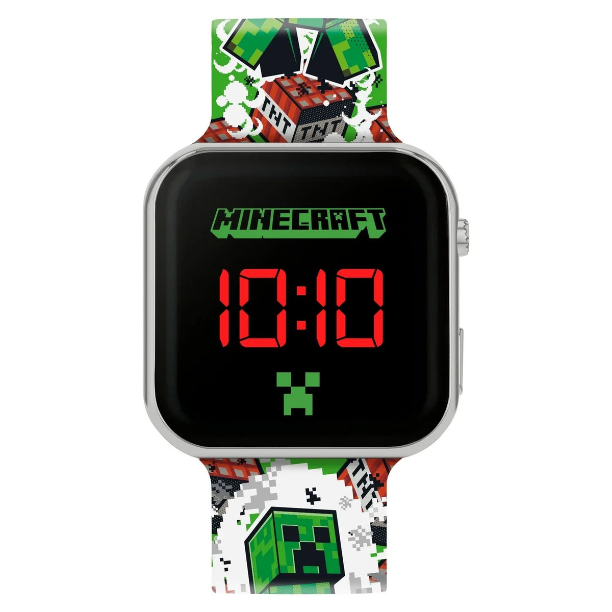Minecraft Creeper TNT LED Watch close view with red digital time display, silver square case, Creeper icon and printed TNT strap