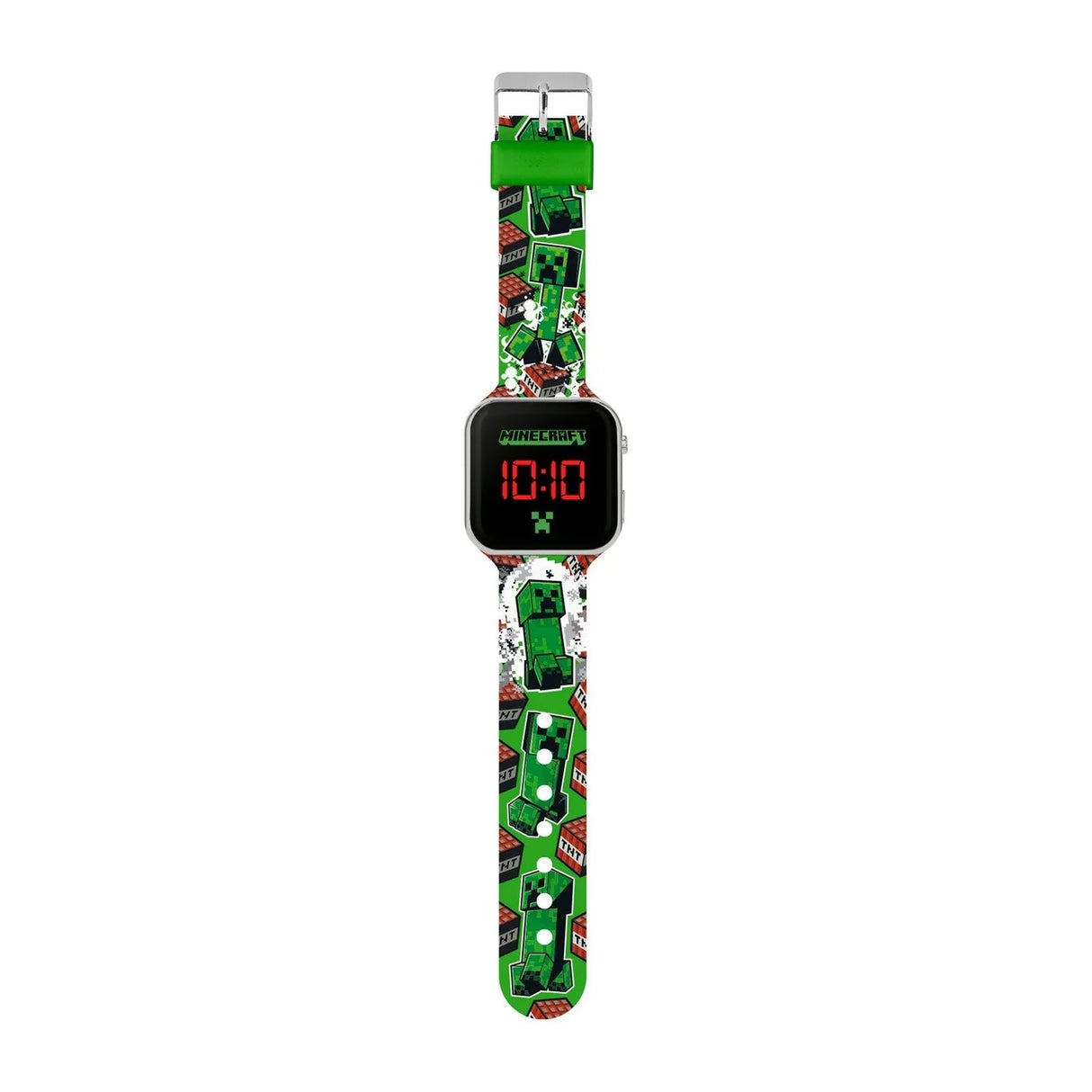 Minecraft Creeper TNT LED Watch full view with printed Creeper and TNT strap, buckle fastening and red LED time display