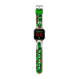Minecraft Creeper TNT LED Watch full view with printed Creeper and TNT strap, buckle fastening and red LED time display