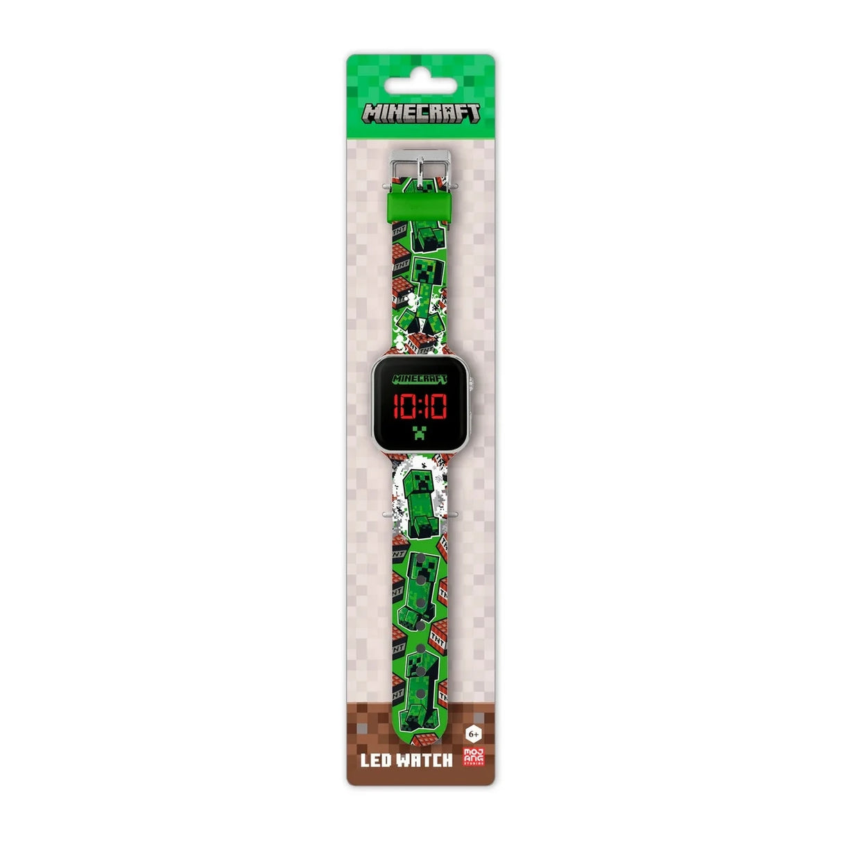 Minecraft Creeper TNT LED Watch in Minecraft retail packaging with the full printed strap and digital display visible 