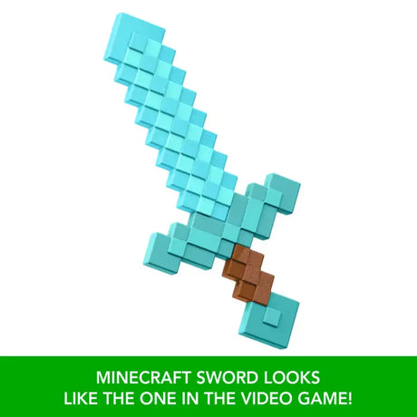 Minecraft Diamond Sword shown at an angle above text comparing it with the sword in the video game