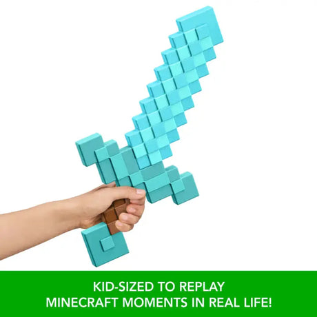 Hand holding the Minecraft Diamond Sword above text about replaying Minecraft moments in real life