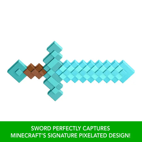 Minecraft Diamond Sword shown horizontally above text highlighting its pixelated design