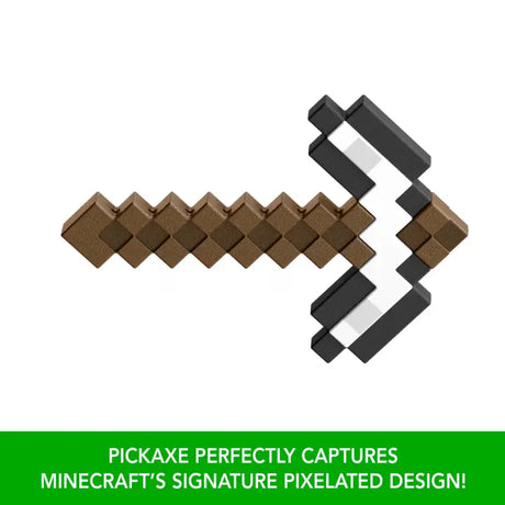 Side view of Minecraft Iron Pickaxe toy showing its signature pixelated design