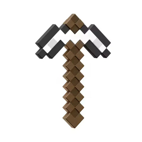 Minecraft Iron Pickaxe toy with brown pixelated handle and black and white pickaxe head