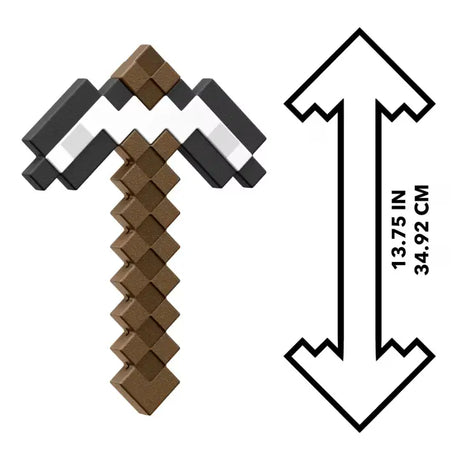 Minecraft Iron Pickaxe toy size guide showing a length of 34.92 cm