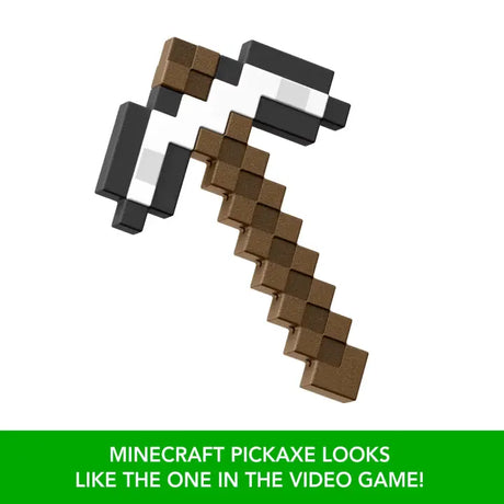 Angled view of Minecraft Iron Pickaxe toy styled like the pickaxe from the video game