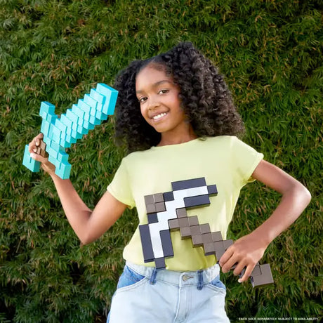 Child holding Minecraft Iron Pickaxe and Diamond Sword accessories, each sold separately