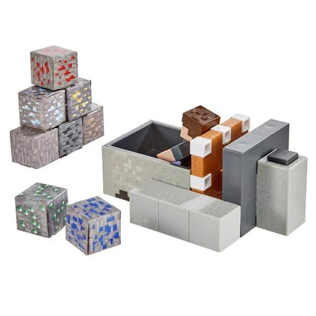 Minecraft Mayhem playset components with papercraft ore blocks, minecart, launcher, and figure – Ireland