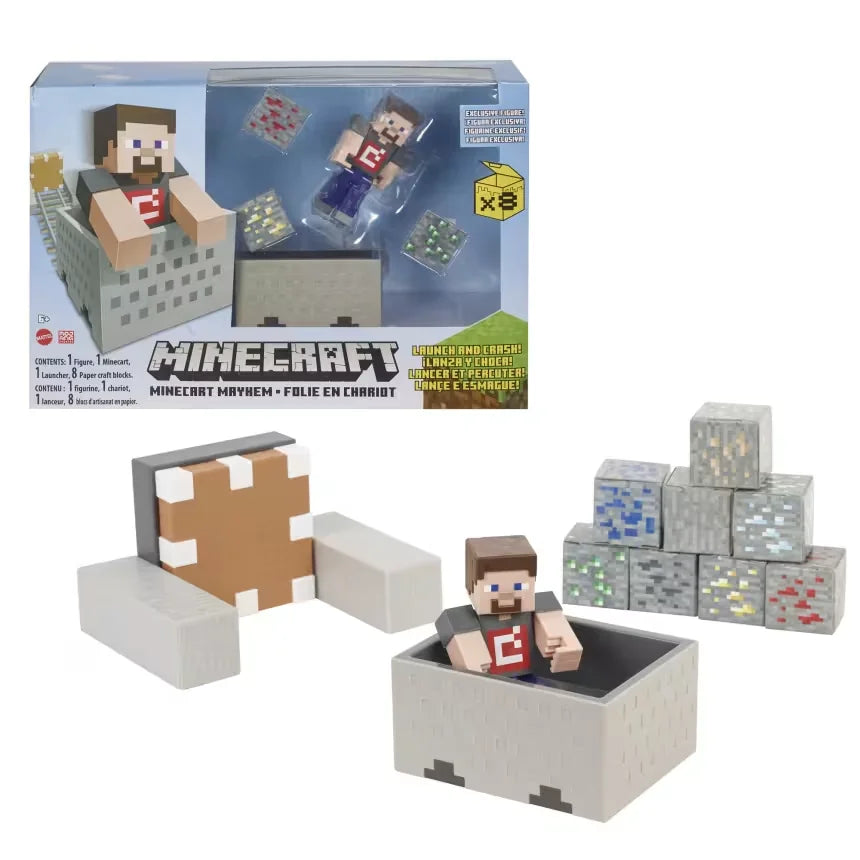 Minecraft Mayhem playset layout showing launcher, blocks, minecart and Steve figure – Ireland
