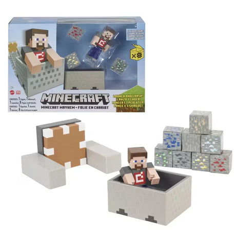 Minecraft Mayhem playset layout showing launcher, blocks, minecart and Steve figure – Ireland