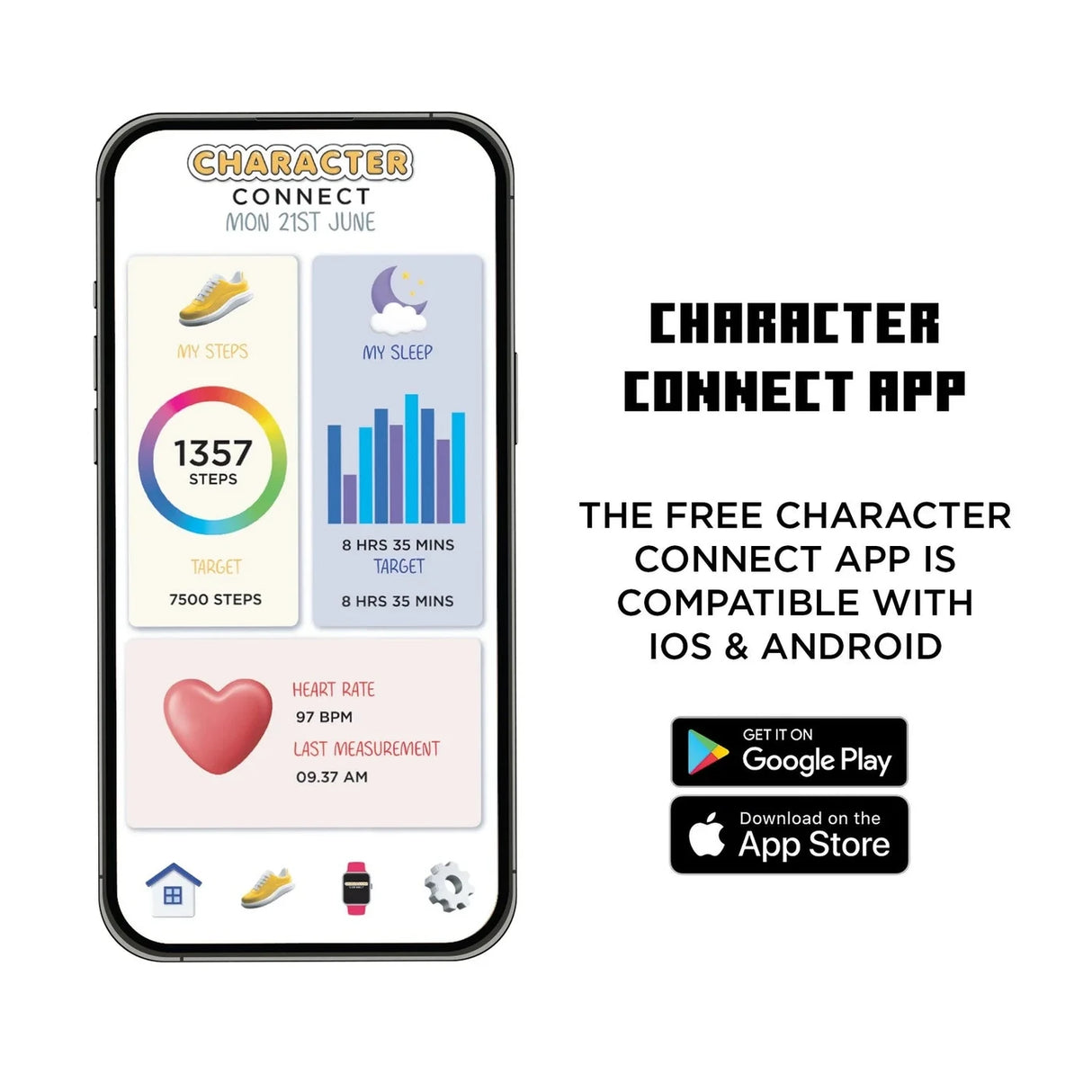 Character Connect app screen showing step count, sleep tracking and heart rate information for the Minecraft Printed Strap Smart Watch