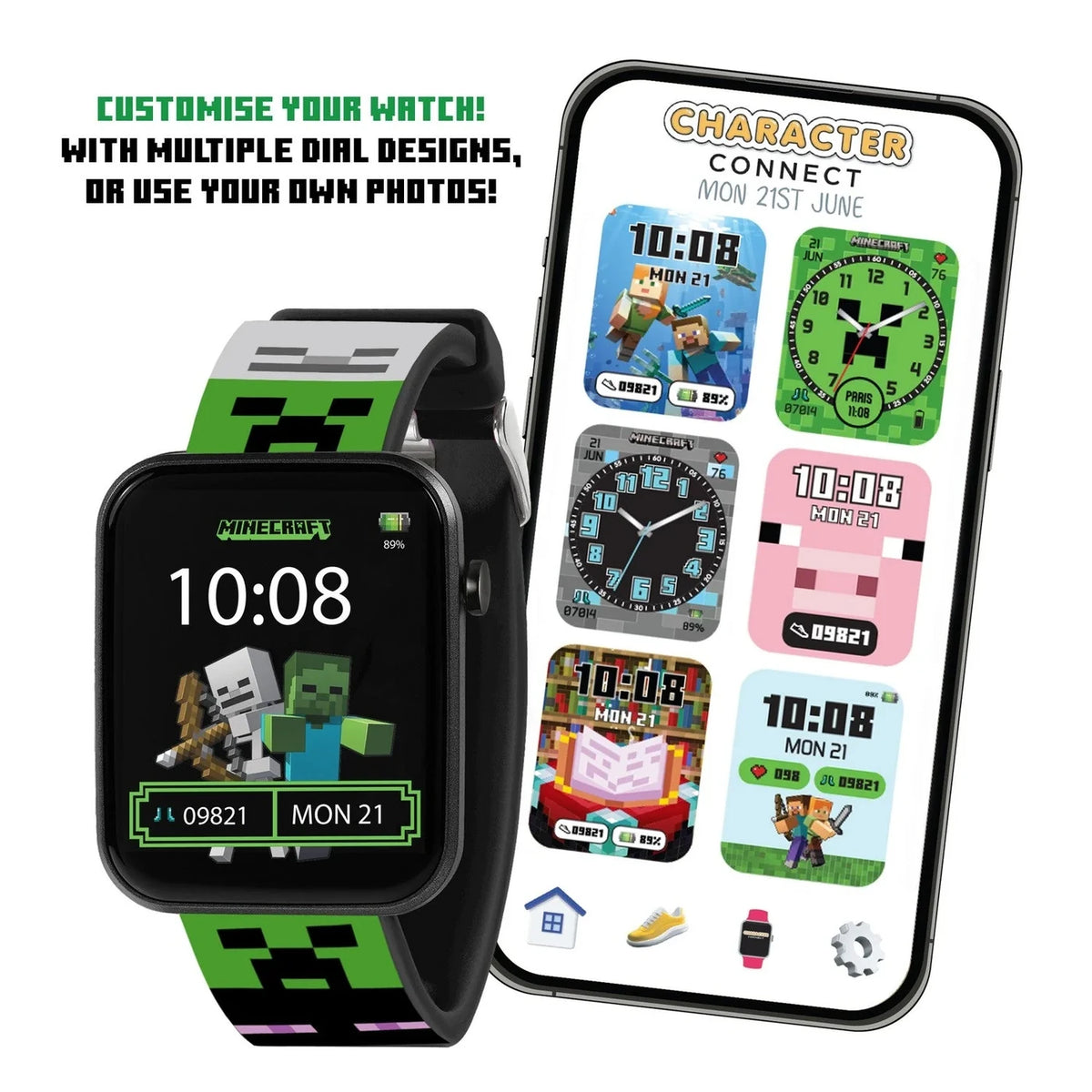 Minecraft Printed Strap Smart Watch beside phone screen showing multiple character clock face designs and custom watch face options