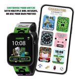 Minecraft Printed Strap Smart Watch beside phone screen showing multiple character clock face designs and custom watch face options