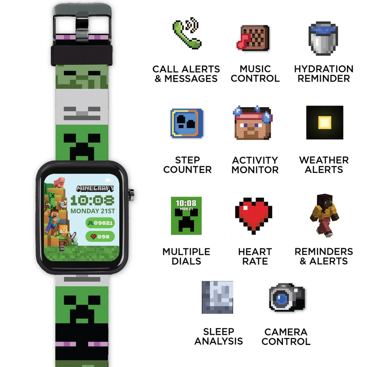 Minecraft Printed Strap Smart Watch with feature icons for call alerts, messages, music control, hydration reminders, step counter, activity monitor, weather alerts, heart rate, sleep analysis and camera control
