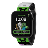 Minecraft Printed Strap Smart Watch front view with black square case, Creeper printed strap and Minecraft digital watch face