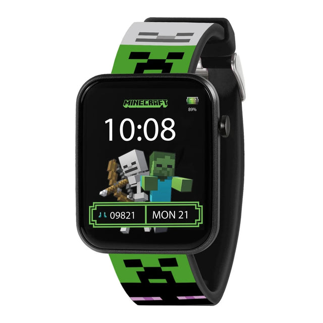 Minecraft Printed Strap Smart Watch front view with black square case, Creeper printed strap and Minecraft digital watch face