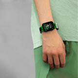 Minecraft Printed Strap Smart Watch worn on the wrist with Creeper themed strap and full colour digital display