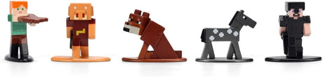 Five Minecraft Nano MetalFigs on display bases, showing Alex holding a brown item, a Piglin, a brown horse, a black horse with white markings and a black-clothed figure.