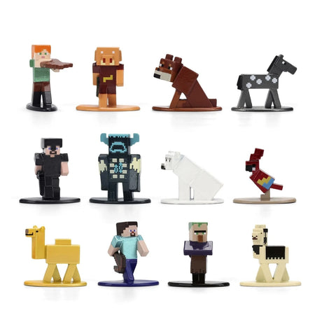 Minecraft Wave 15 Nano MetalFigs complete set of 12 diecast figures arranged in three rows, including Alex, Steve, Warden, polar bear, parrot, camel, villager and llama.