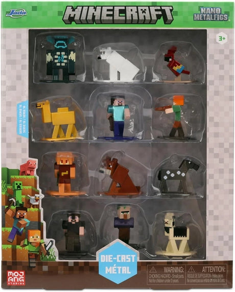 Jada Toys Minecraft Series 15 Nano MetalFigs retail packaging with all 12 figures visible through the clear display window and green Minecraft branding.
