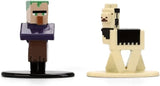 Two Minecraft Nano MetalFigs on display bases, showing a green-eyed villager wearing a purple and brown outfit beside a cream-coloured llama with black markings.