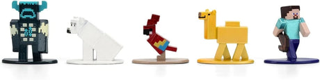 Five Minecraft Nano MetalFigs on display bases, showing a Warden, white polar bear, red parrot, yellow camel and Steve wearing a turquoise shirt.