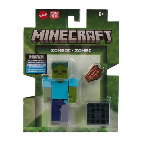 Minecraft Zombie figure in blister packaging with Rotten Flesh and Monster Spawner block – Ireland