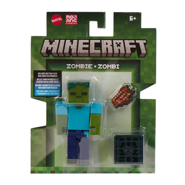 Minecraft Zombie figure in blister packaging with Rotten Flesh and Monster Spawner block – Ireland
