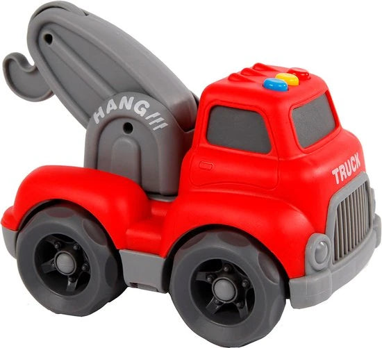 Mini Club red tow truck viewed from the front with raised grey towing hook