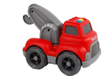 Mini Club red tow truck with grey tow arm, light and sound buttons and four black wheels