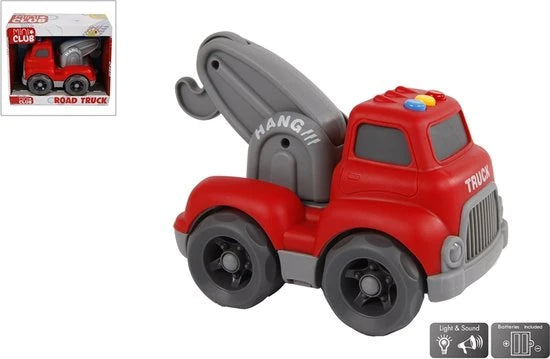 Mini Club red tow truck with light and sound features shown beside the product packaging