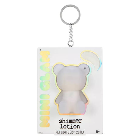 Mini Glam Bear Shimmer Lotion White front packaging with bear bottle keyring
