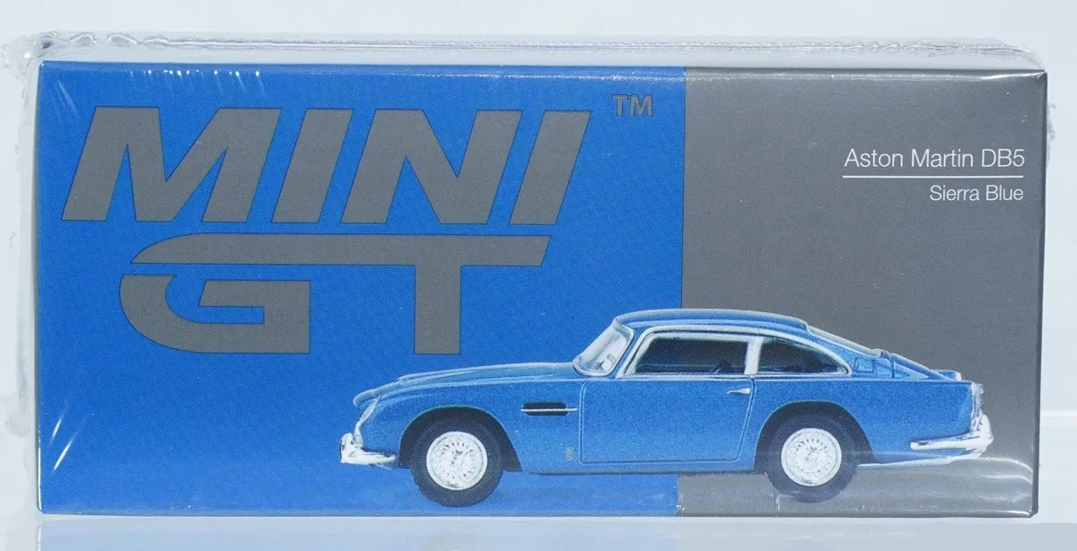 Mini GT Aston Martin DB5 Sierra Blue retail box showing the blue DB5 model and Sierra Blue product name