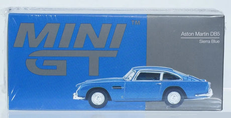 Mini GT Aston Martin DB5 Sierra Blue retail box showing the blue DB5 model and Sierra Blue product name