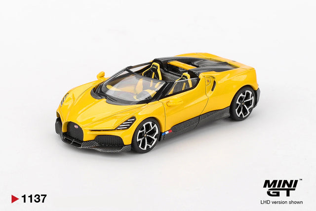 Mini GT Bugatti W16 Mistral Yellow LHD 1:64 diecast model viewed from the front, showing the Bugatti grille, black detailing, open cockpit and silver and black wheels