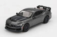 Mini GT Ford Mustang Dark Horse 2024 Carbonized Grey RHD front three-quarter view showing the black bonnet graphics, front splitter and rear wing