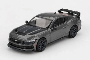 Mini GT Ford Mustang Dark Horse 2024 Carbonized Grey RHD front three-quarter view showing the black bonnet graphics, front splitter and rear wing