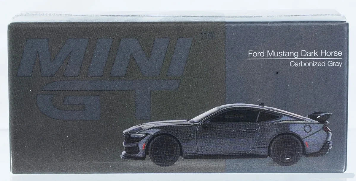 Mini GT Ford Mustang Dark Horse 2024 Carbonized Grey RHD retail box with side profile image of the model