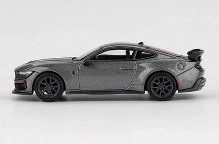 Mini GT Ford Mustang Dark Horse 2024 Carbonized Grey RHD side profile showing the Carbonized Grey body, black wheels and rear wing