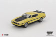 Mini GT Ford Mustang Mach 1 Grabber Yellow LHD front three quarter photograph with black bonnet stripes, chrome wheels, rear spoiler and manufacturer sample markings
