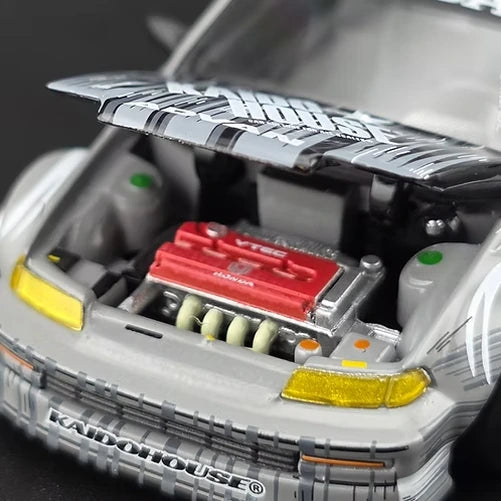 Mini GT Honda Civic EF Kaido Manga V1 close-up with open bonnet showing the red Honda engine