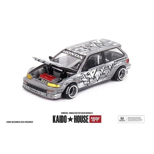 Mini GT Honda Civic EF Kaido Manga V1 front three-quarter view with bonnet open showing engine detail
